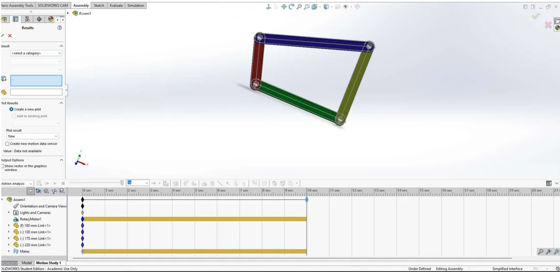 Kinematic Analysis and SolidWorks Motion Validation of a Four-Bar Linkage