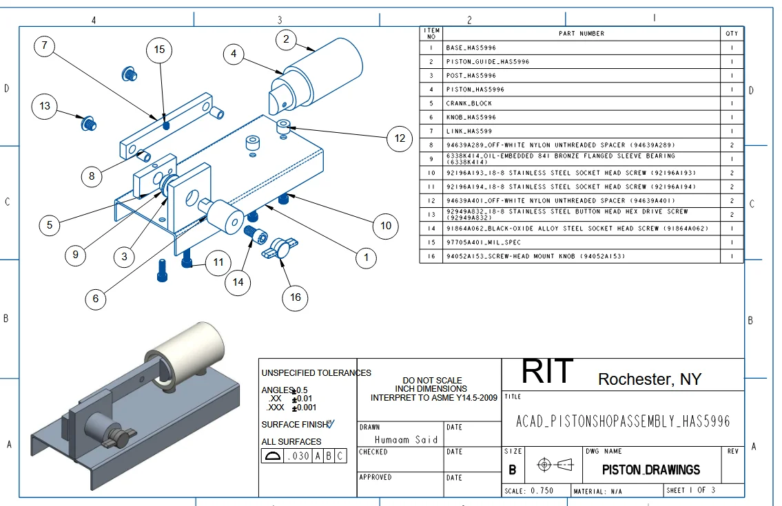 Mechanical Piston Assembly Design & GD&T Documentation